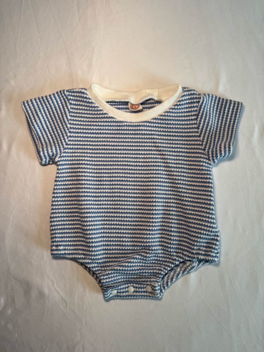 Blue and White Knit Striped Short-Sleeve Baby Bodysuit
